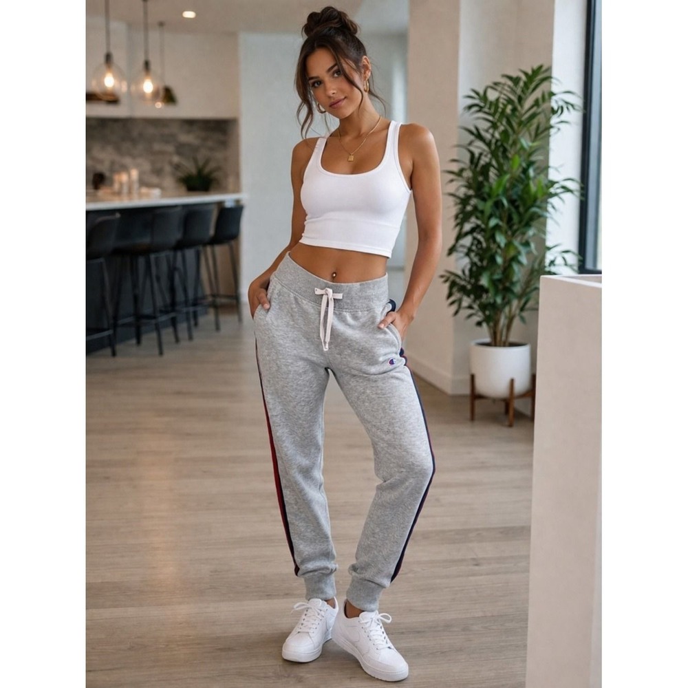 Champion Gray Joggers M | Side Stripe Athleisure Sweatpants